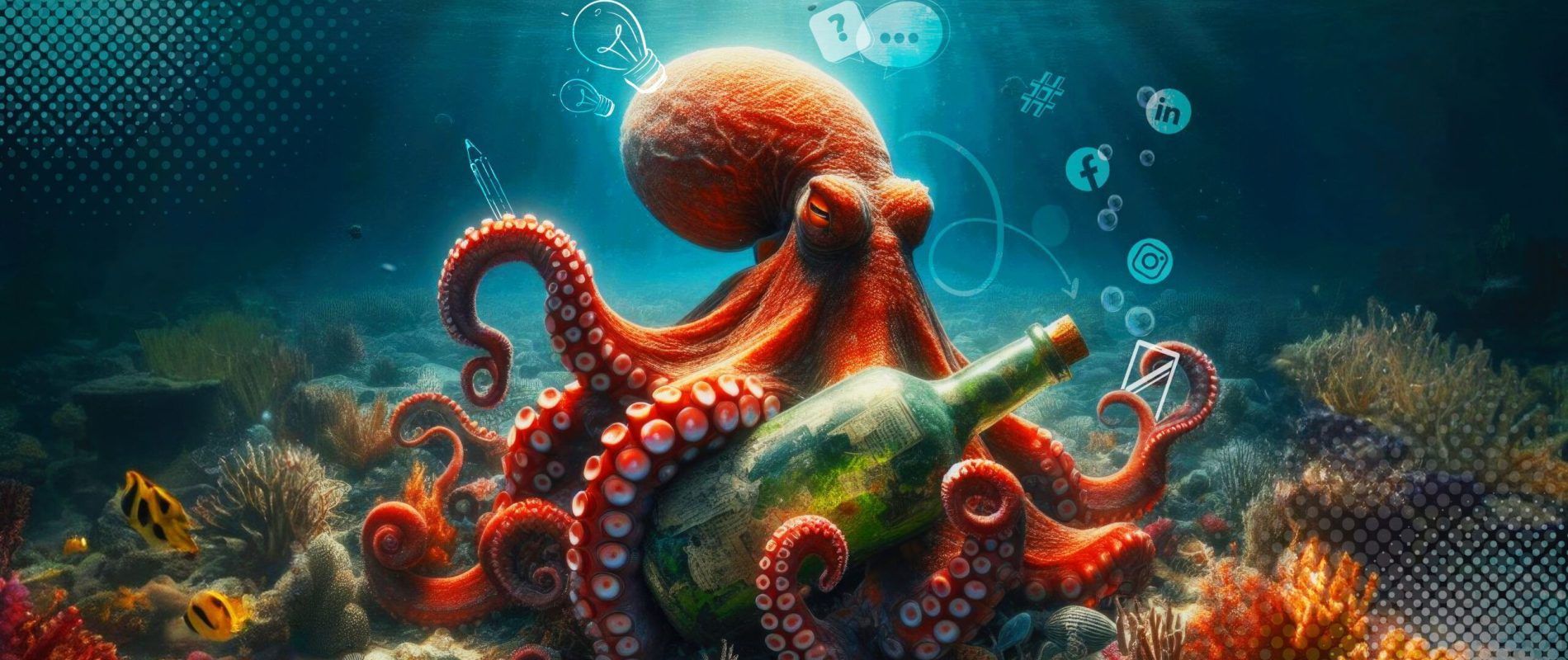 An octopus at the bottom of the ocean, near the reef holding a bottle in its tentacles.